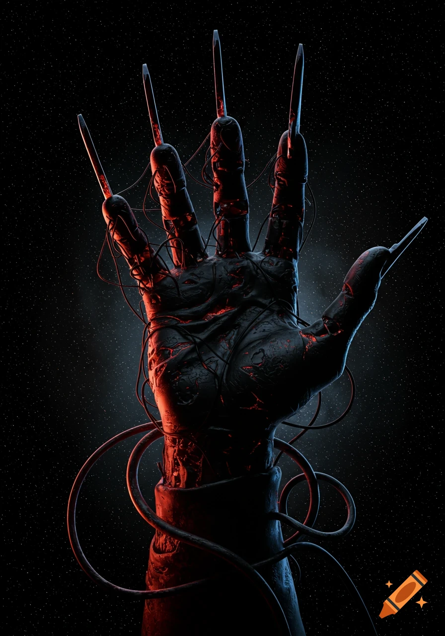 A monstrous, black, scorched hand with glowing red cracks and sharp, twisted metal claws reaches out against a dark, starry cosmic sky.