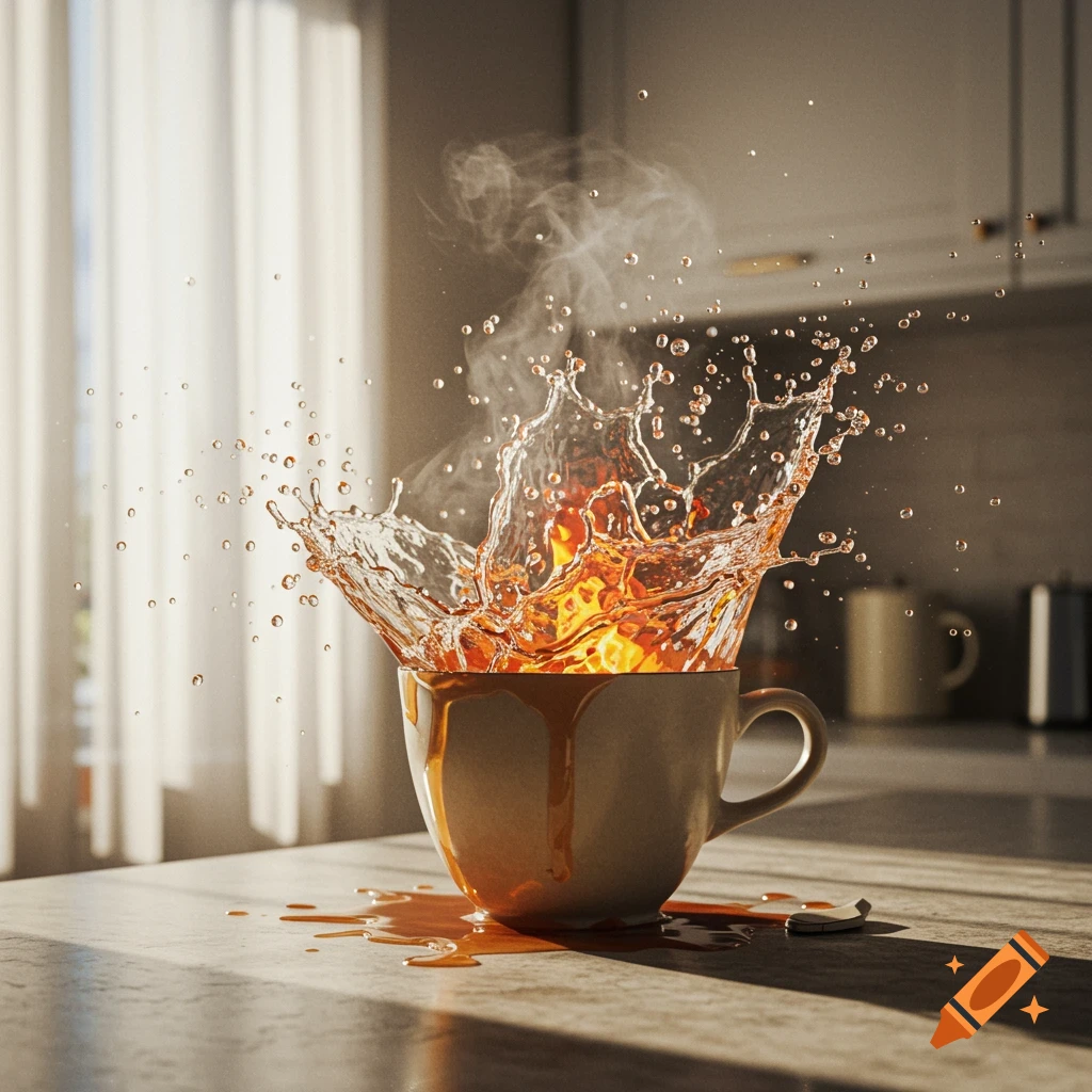 Photorealistic image of a hot liquid dramatically splashing with fiery elements from a mug on a kitchen counter in sunlight.