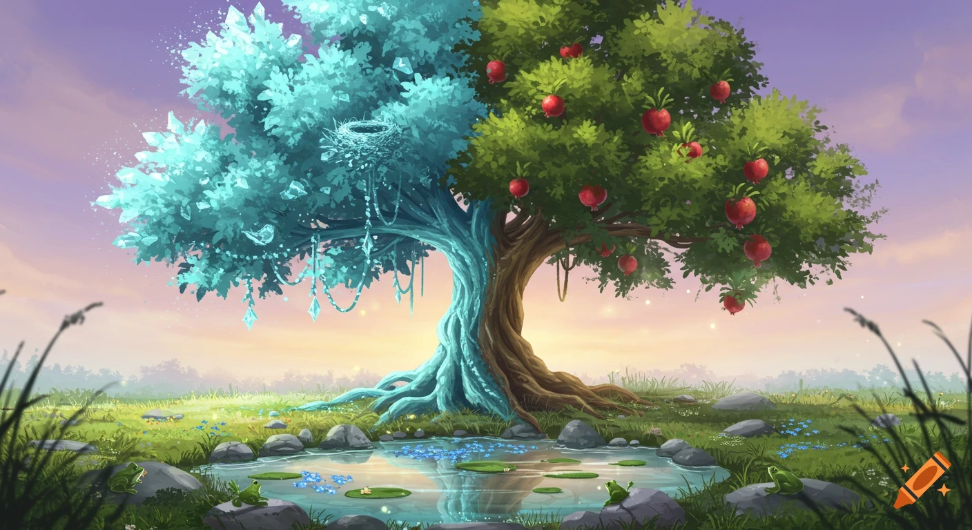 A mystical tree with a crystalline teal left half and a green, pomegranate-laden right half, by a pond at dawn.