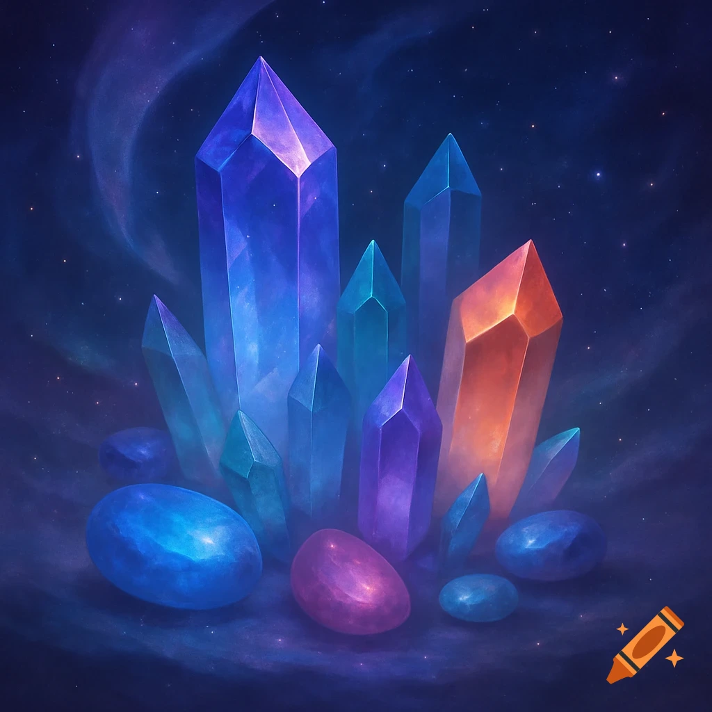 Vibrant blue, purple, and orange crystals glow in a dark, starry cosmic void with swirling nebulae.
