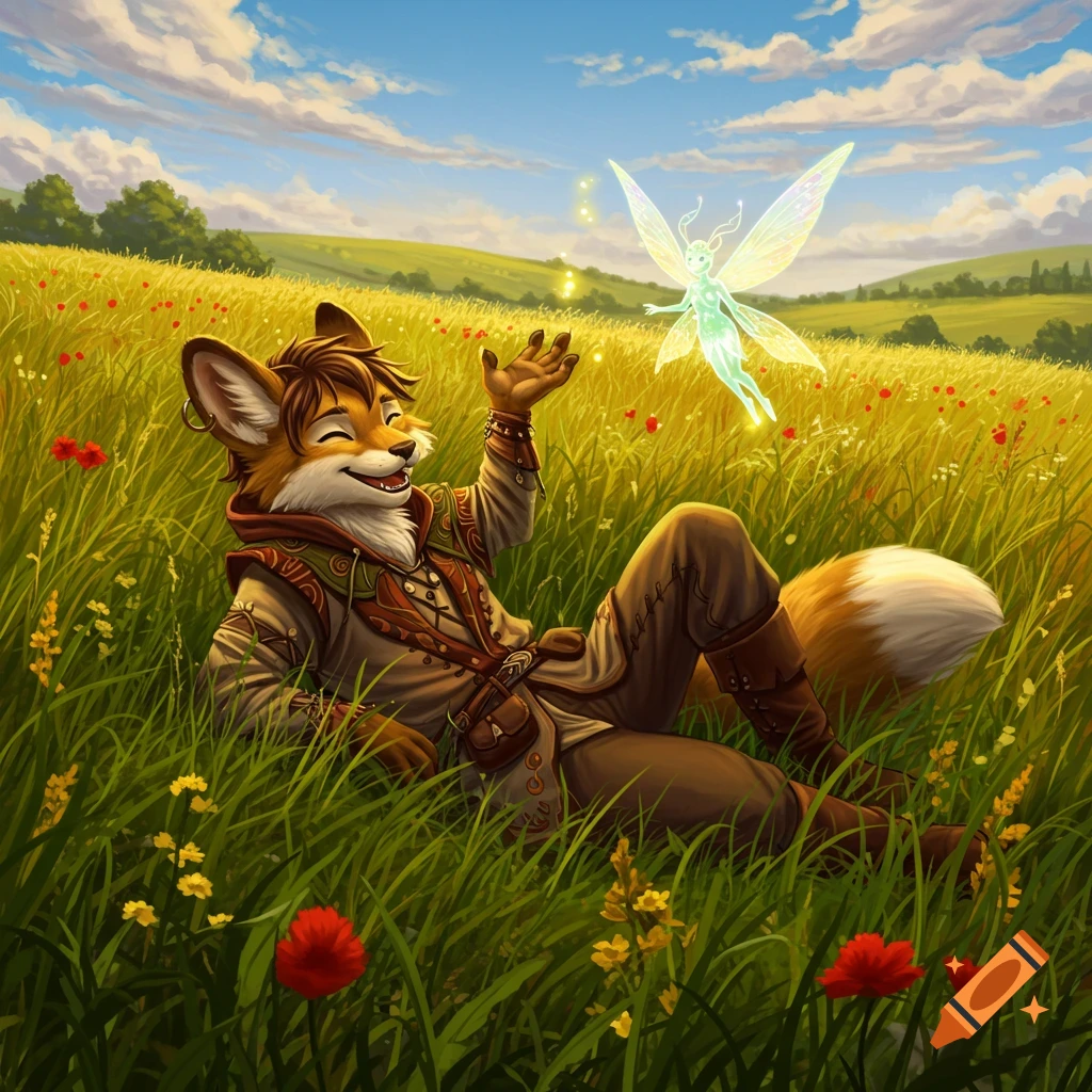 A jovial fox-like humanoid in fantasy attire lays in a sunlit field, smiling and waving at a glowing fairy.