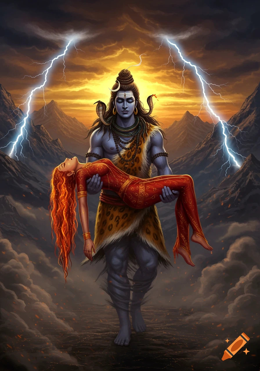 Lord Shiva, a blue-skinned deity, carries a red-haired woman through a dramatic, lightning-struck mountain landscape at sunset.