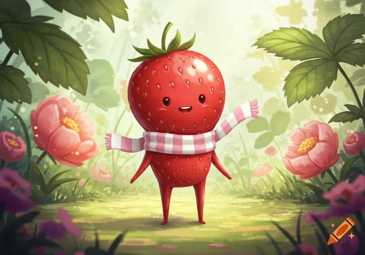 A cute cartoon strawberry character wearing a pink and white striped scarf stands in a vibrant green garden with pink flowers.