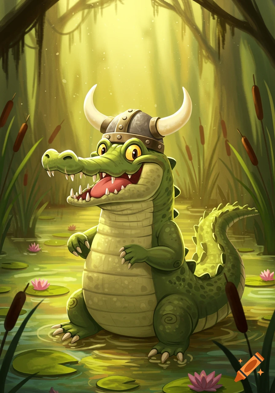 A happy cartoon alligator wearing a Viking helmet stands in a sunlit swamp with water lilies and cattails.
