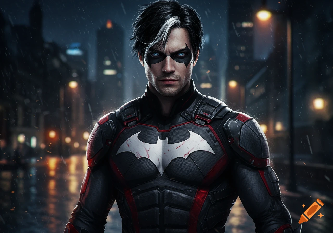 A man with black hair and a white streak, wearing a black and red superhero suit with a Batman symbol, stands in the rain at night.