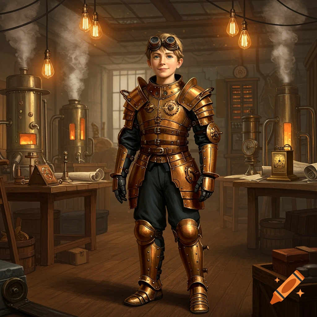 A young boy stands in a detailed bronze steampunk armor and goggles in a workshop with steaming machinery.
