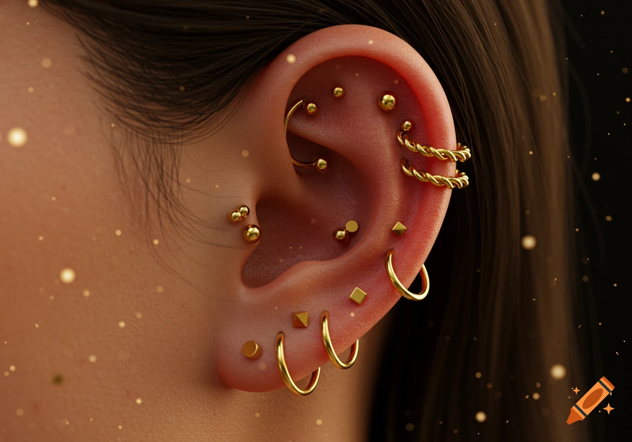 Photorealistic close-up of a human ear adorned with many gold piercings, against a dark, sparkly background.