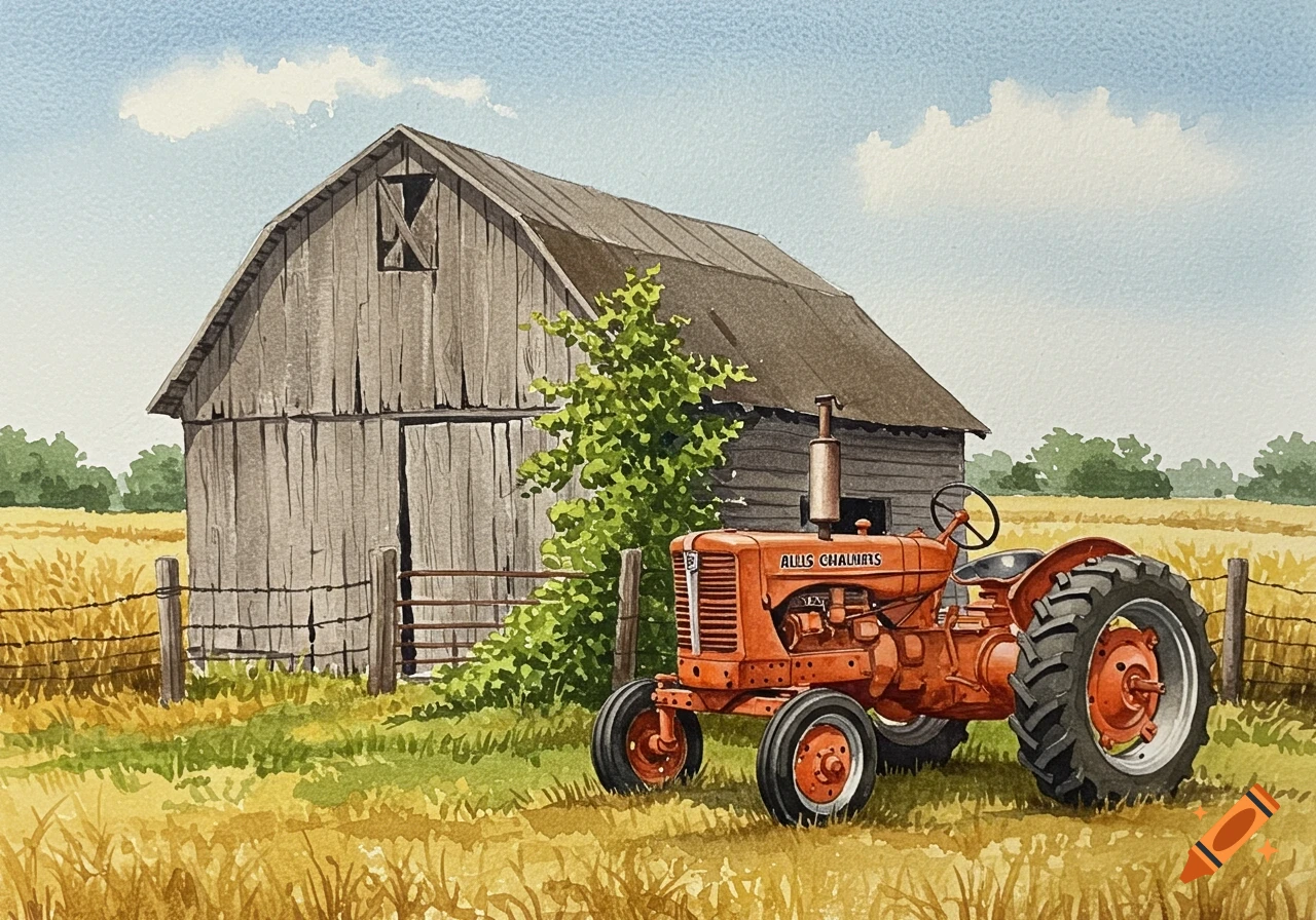 A watercolor painting of an orange Allis Chalmers tractor parked in a grassy field in front of a weathered wooden barn.