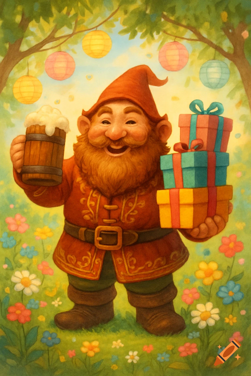 A whimsical illustration of a happy gnome holding a frothy mug of beer and a stack of colorful presents in a flowery garden with lanterns.