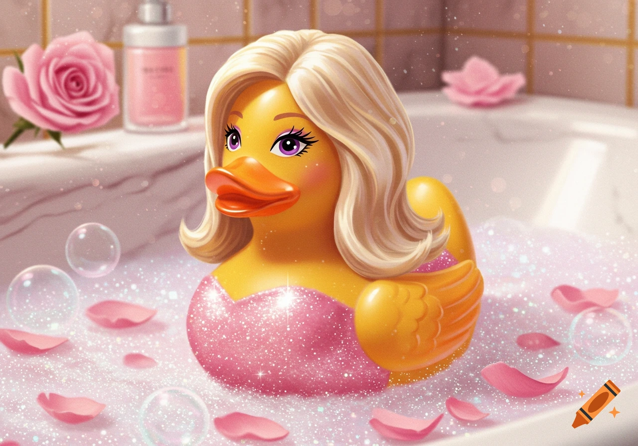 A yellow rubber duck dressed like Barbie, with blonde hair and a sparkly pink top, sits in a bubble bath with pink rose petals.
