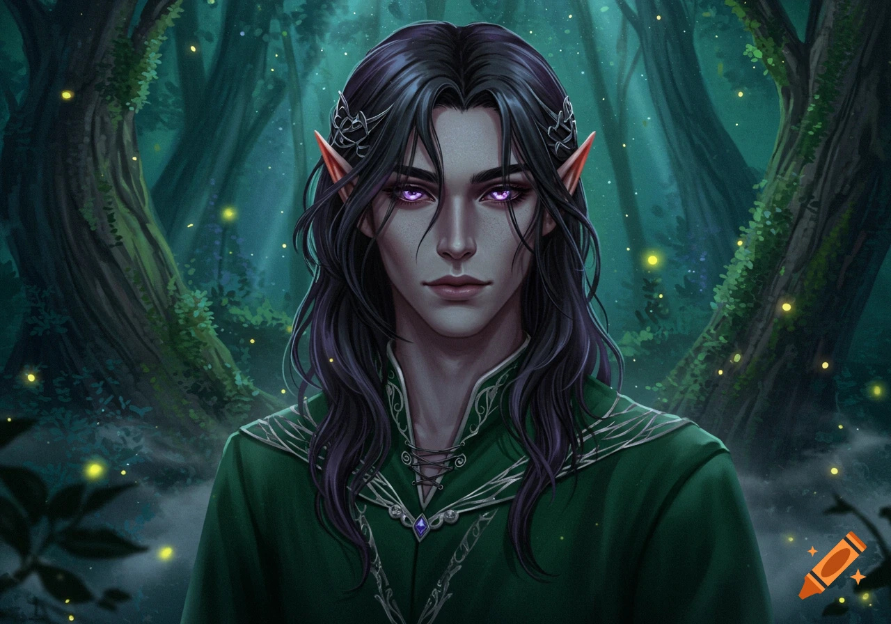 A digital art portrait of an elf man with black hair, purple eyes, and pointed ears, in a dark forest with glowing lights.
