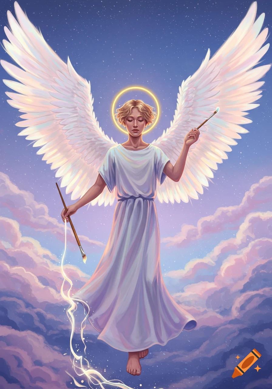 An ethereal person with large white wings and a halo floats in a starry sky among clouds, holding two paintbrushes.