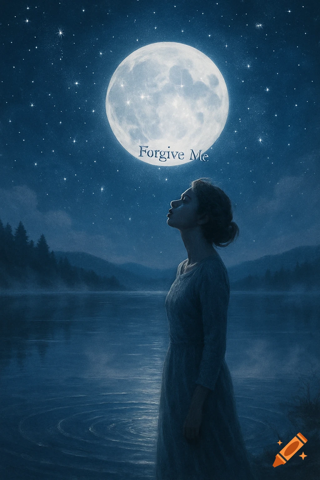 A woman by a lake at night looks up at a full moon with 'Forgive Me' written on it, under a starry sky.