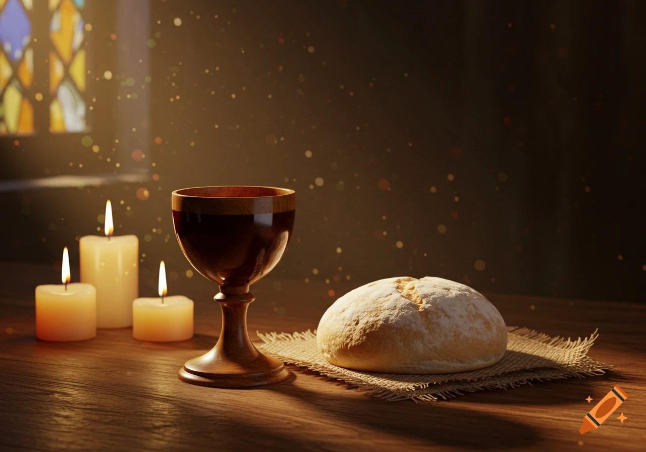 A still life depicting a wooden chalice, three lit candles, and a loaf of bread on a wooden table, with light from a stained glass window.