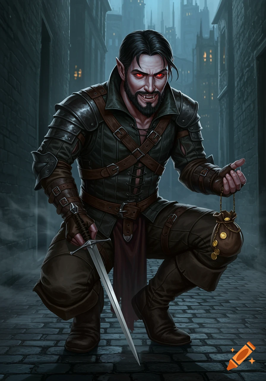 An illustrated vampire rogue with glowing red eyes and fangs crouches in a dark, gothic alley, holding a sword and a coin pouch.