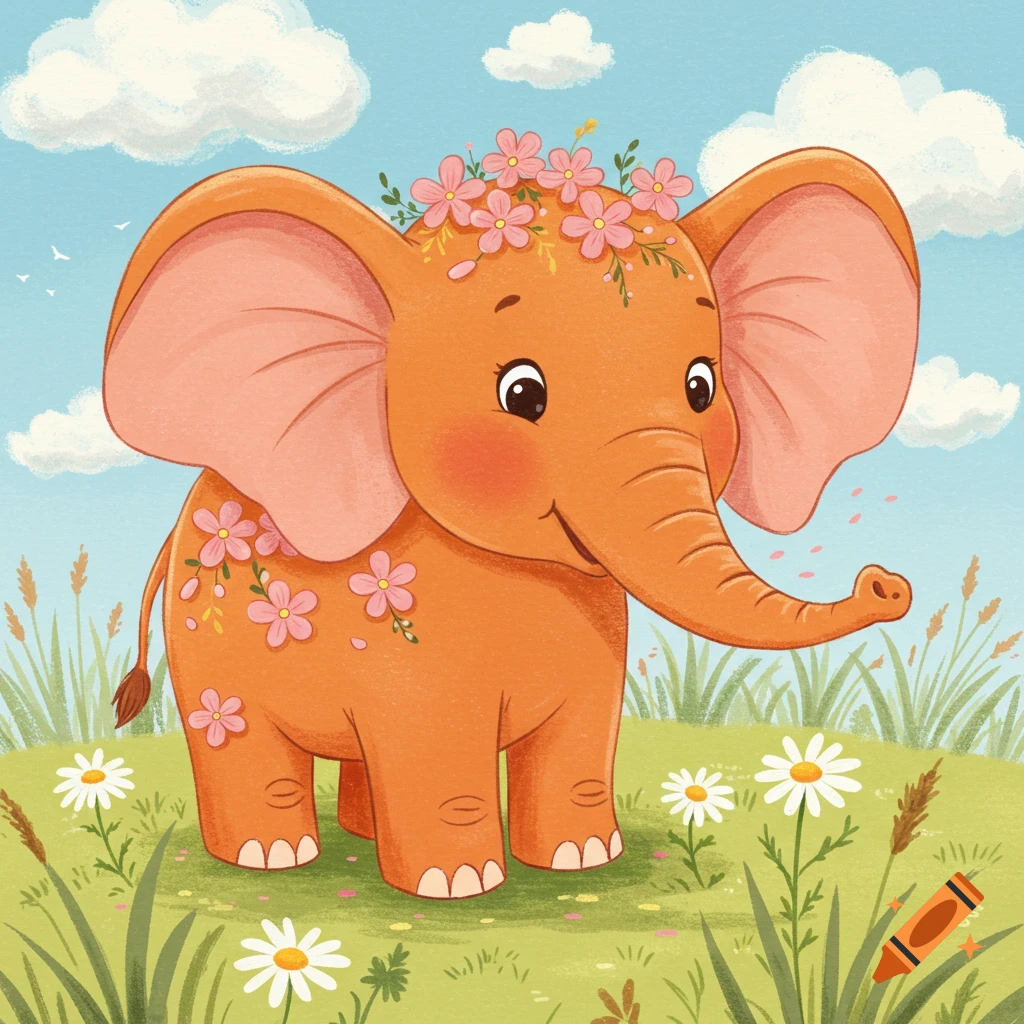 A charming children's illustration of an orange elephant with pink flowers on its head and body, standing in a grassy field with daisies under a blue sky with clouds.