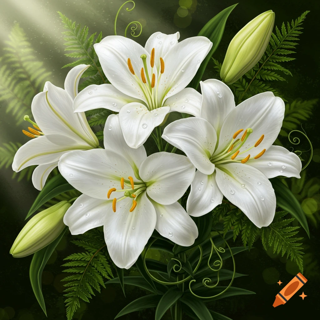 A photorealistic close-up of a bouquet of white lilies with green ferns and water droplets, illuminated by sunlight.