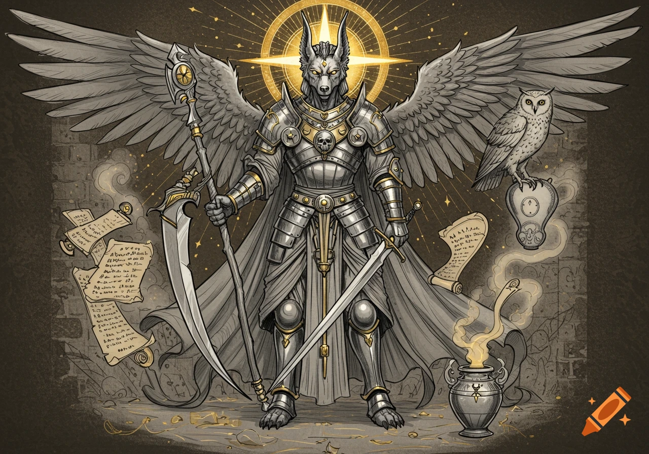 An armored, winged jackal-headed figure with a scythe and sword, surrounded by an owl, scrolls, a jar, and a glowing halo, in a detailed fantasy art style.