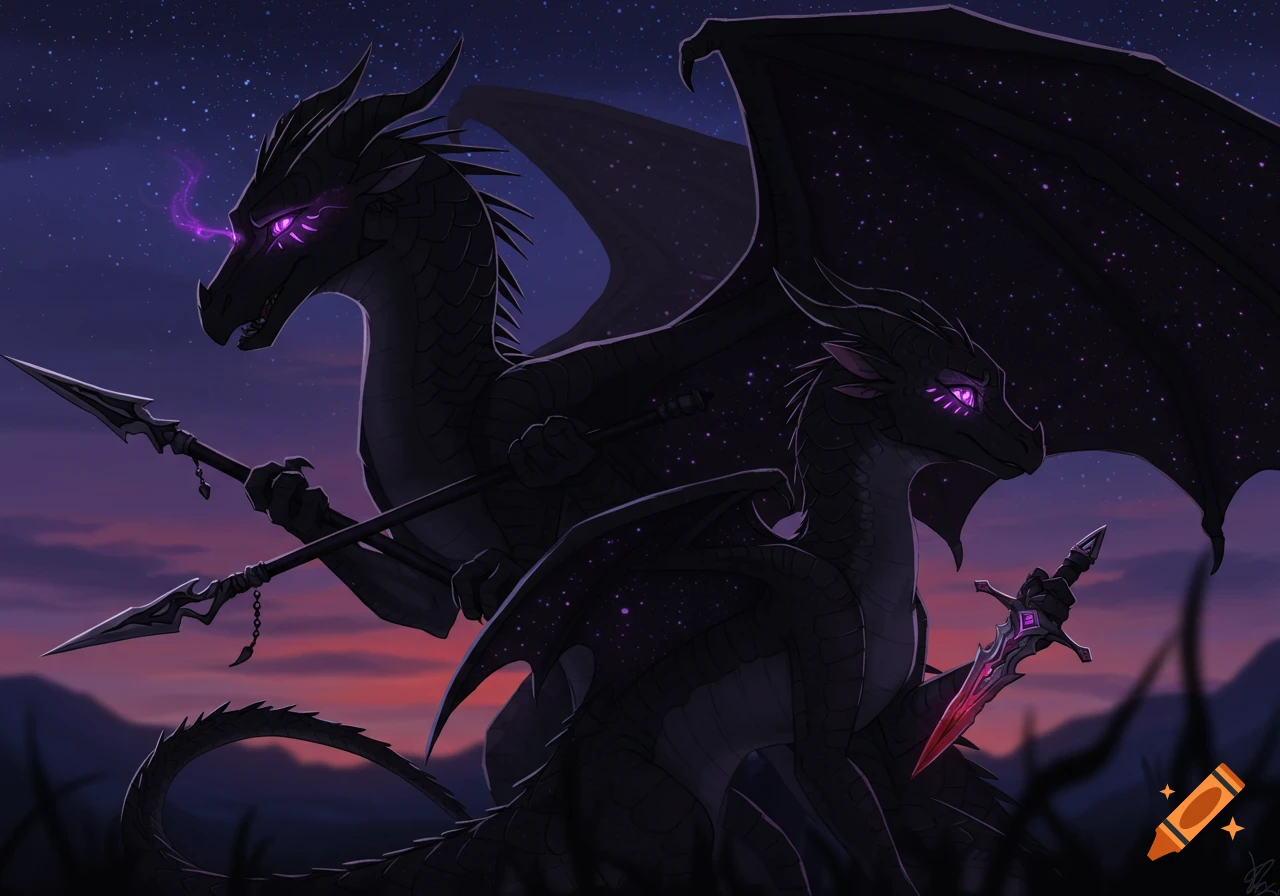 Two dark fantasy dragons with glowing violet eyes, one holding a spear, the other a dagger, under a starry twilight sky.