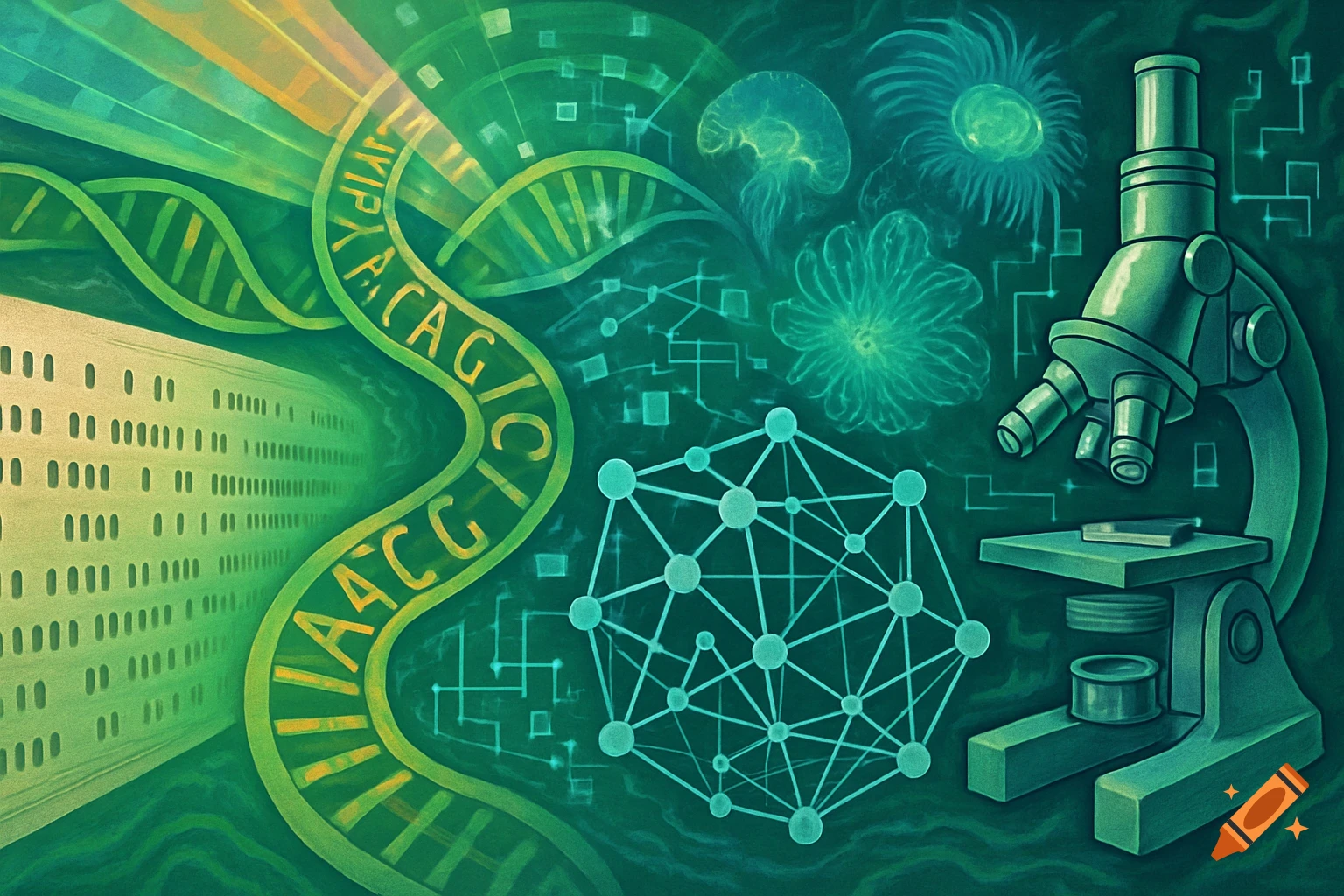 Illustrative image of scientific concepts: glowing DNA strand, microscope, microscopic organisms, and a molecular structure on a green background.