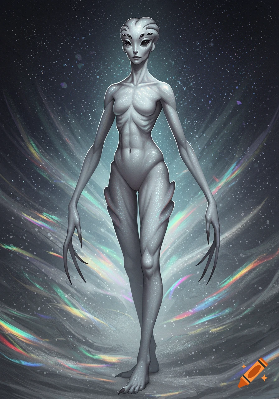 A tall, slender, grey alien with multiple dark eyes, long limbs, and clawed fingers stands against a dark, cosmic background with colorful light trails.