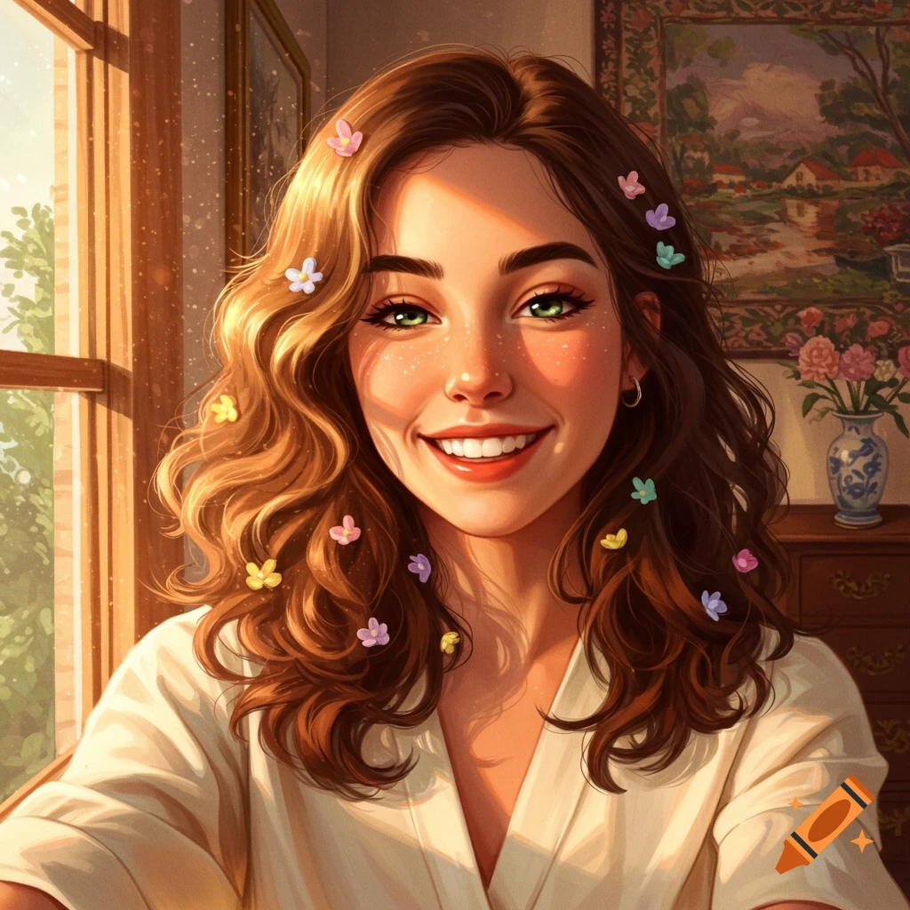 Digital art portrait of a smiling woman with green eyes, freckles, and wavy brown hair with colorful flowers, bathed in sunlight.