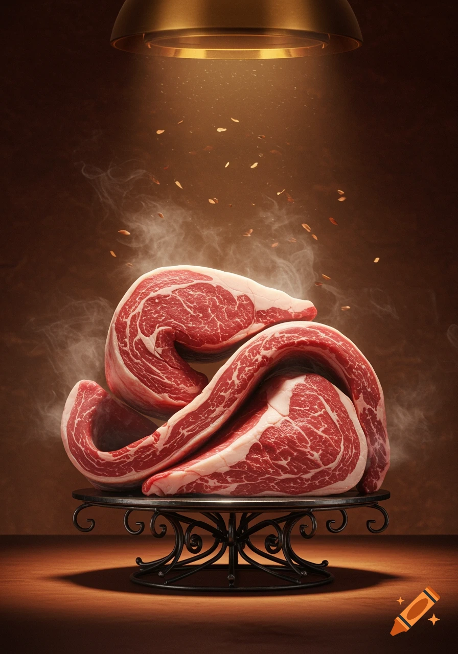 Photorealistic image of raw prime rib cuts artfully arranged on a dark metal stand under a golden spotlight, with steam and spices rising.