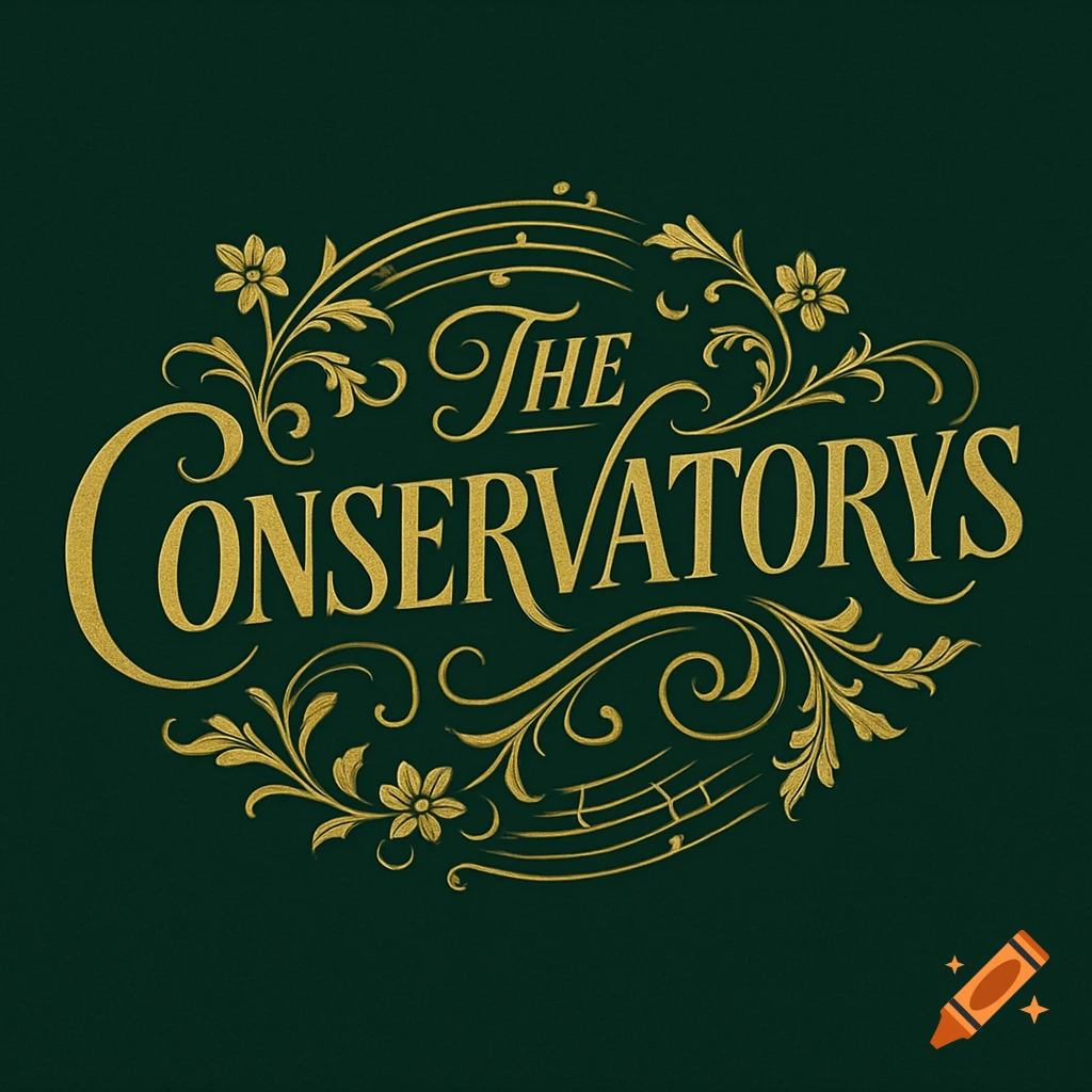 A vintage-style gold band logo for The Conservatorys, with ornate floral and musical note designs on a dark green background.