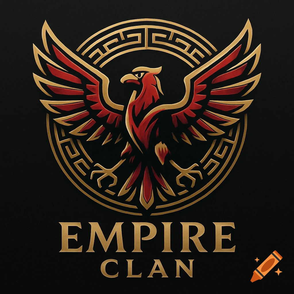 A gold and red phoenix emblem with spread wings above the text 'EMPIRE CLAN' on a dark background.
