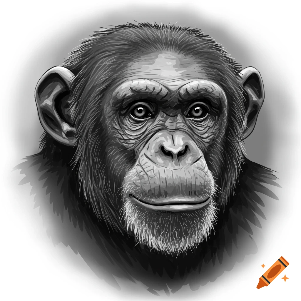 Grayscale illustration of a chimpanzee head with detailed fur and facial features.