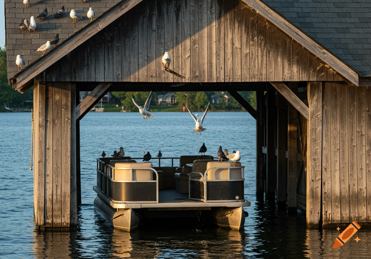 A pontoon boat under a wooden boathouse on a lake, with seagulls on the roof and some flying near the boat.