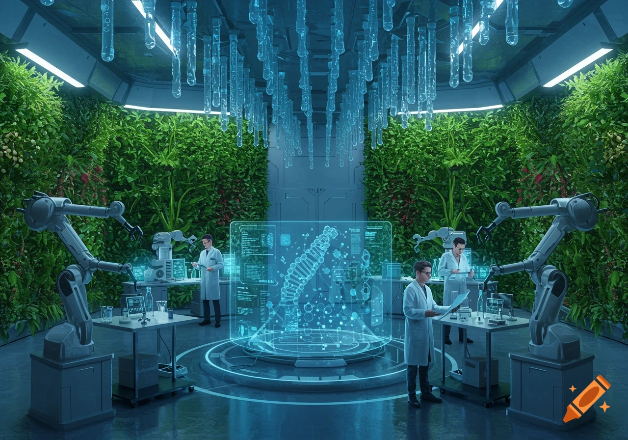 Three scientists in a futuristic laboratory with vertical gardens, robots, and holographic displays showing a DNA helix.