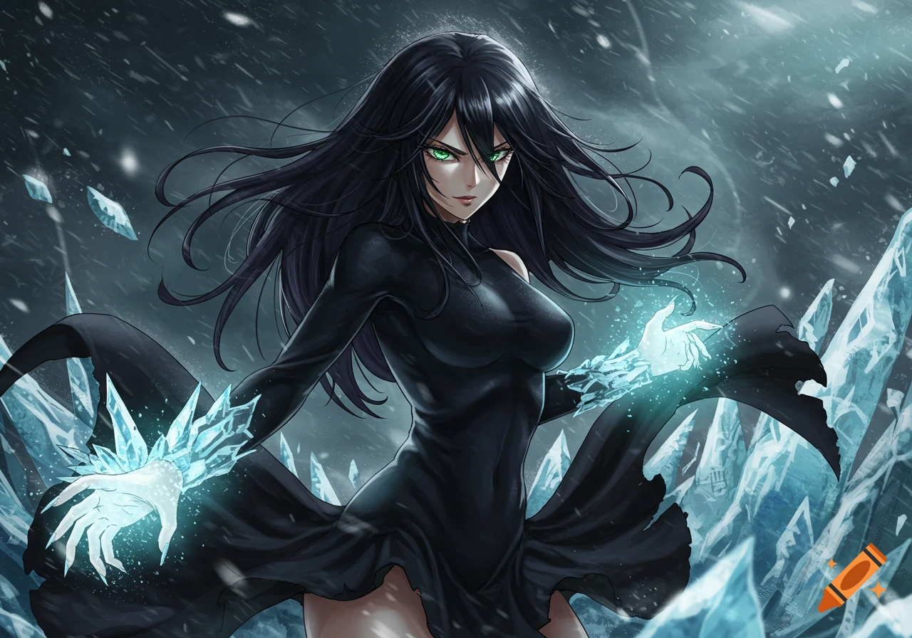 Anime woman with long black hair and green eyes in a black dress, conjuring ice in a snowy blizzard.