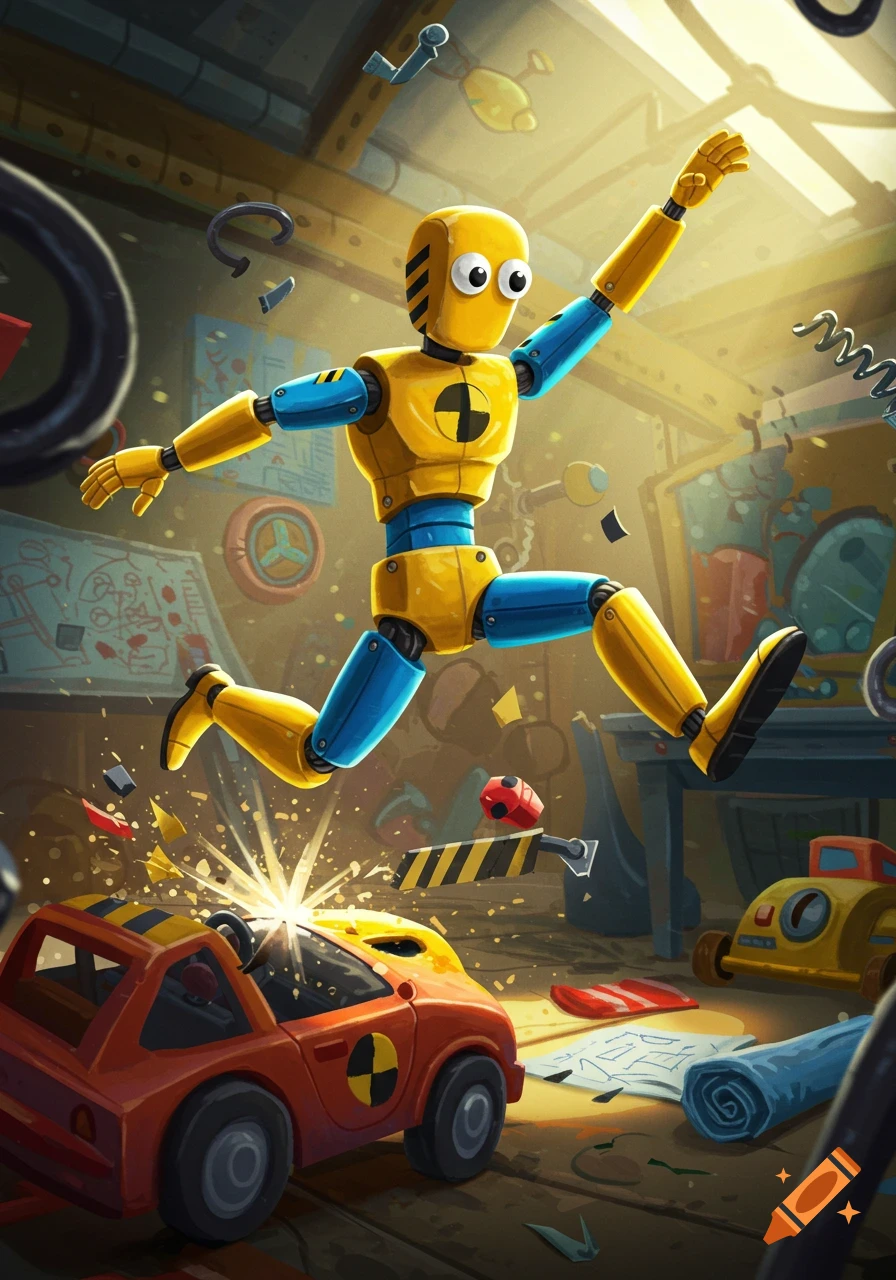 A vibrant cartoon crash test dummy in yellow and blue jumps onto a red toy car in a cluttered workshop, with an impact burst.