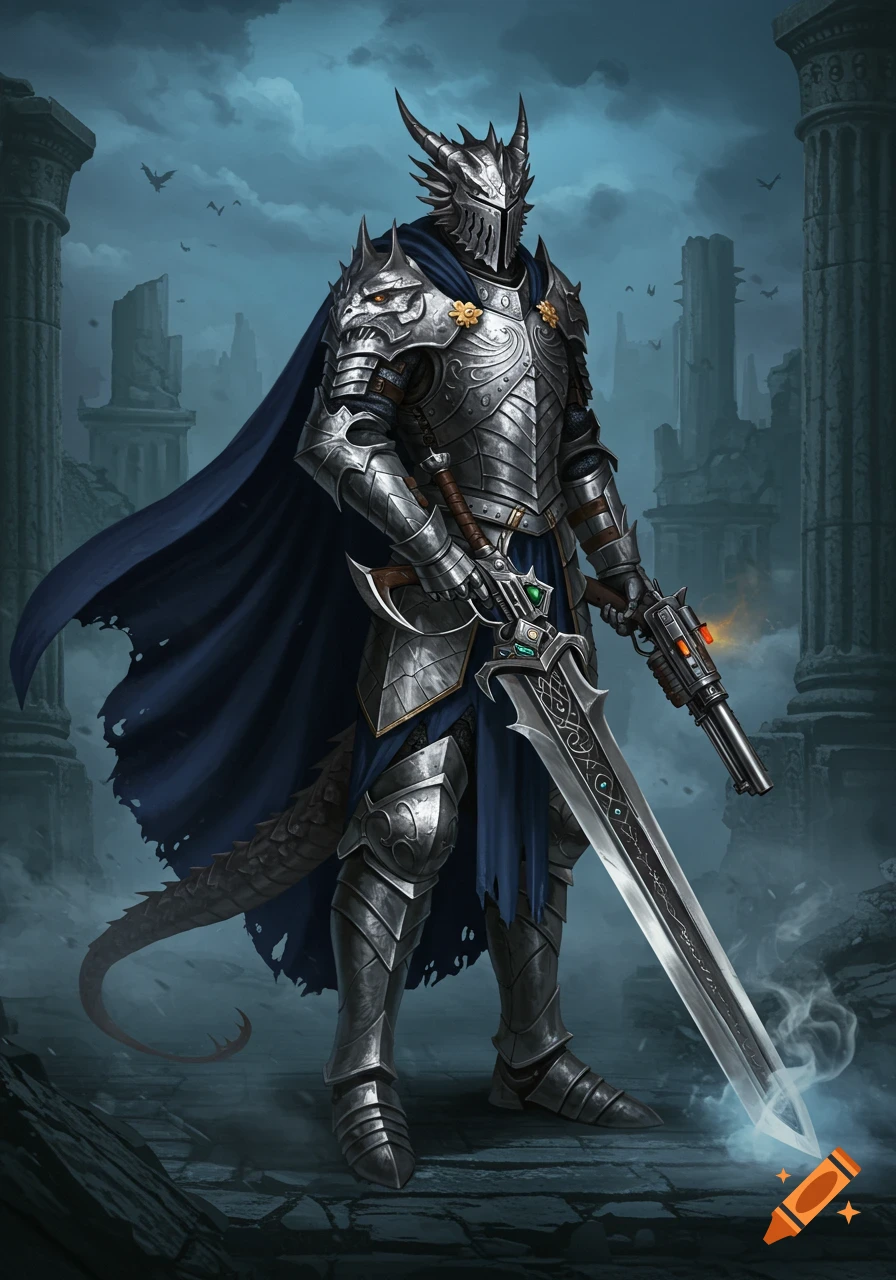 A dragon-styled knight in gleaming silver armor and a dark blue cape holds a greatsword and a futuristic gun amidst ancient ruins.