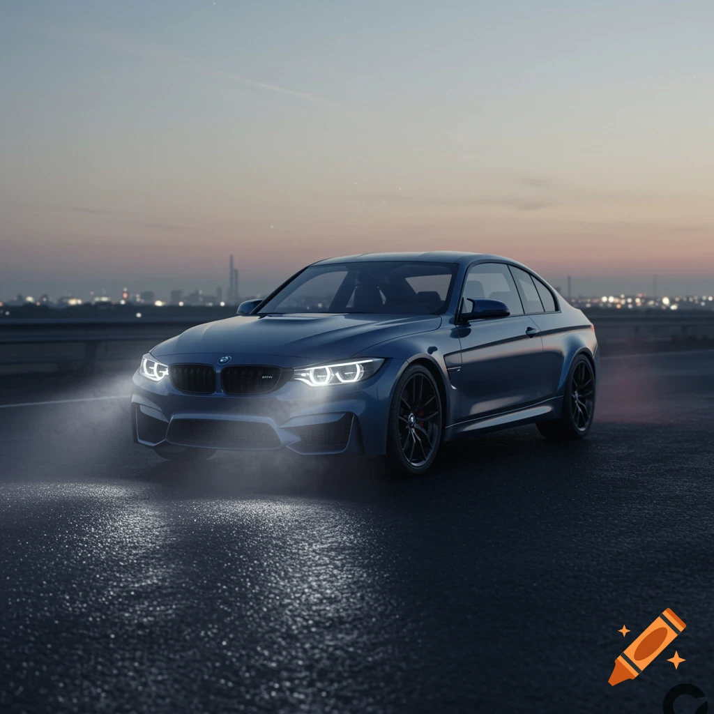 Blue BMW M4 coupe with headlights on parked on a wet road at dusk, city skyline in the background. Photorealistic style.