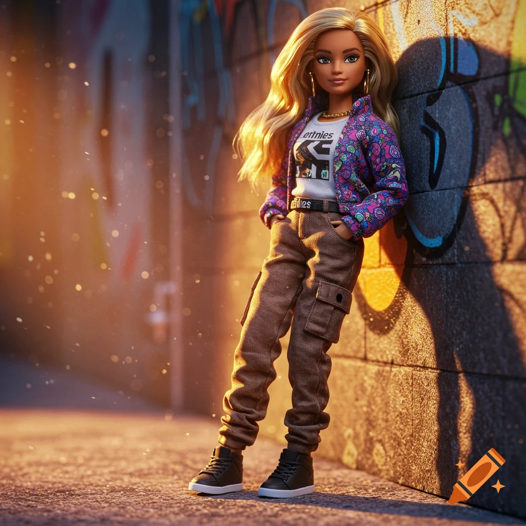 A photorealistic Barbie doll in an etnies outfit and sneakers leans against a graffiti-covered wall at sunset.