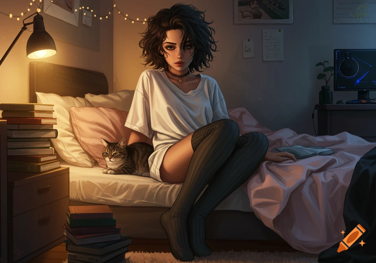A young woman with short dark hair in a t-shirt and thigh-high socks sits on a bed with a cat, lit by a desk lamp.