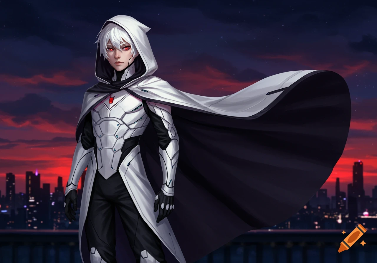 An anime-style character with white hair and red eyes, wearing white and black futuristic armor with a flowing cape and hood, stands against a dark cityscape under a dramatic red and purple sunset sky.