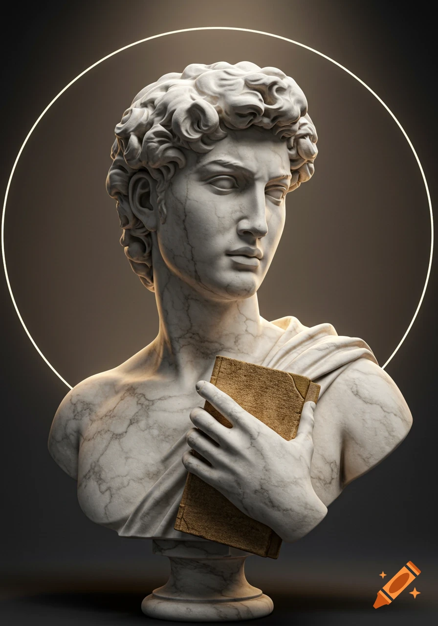 A detailed marble bust of a classical Greek male statue holding an ancient book, with glowing light in the background.