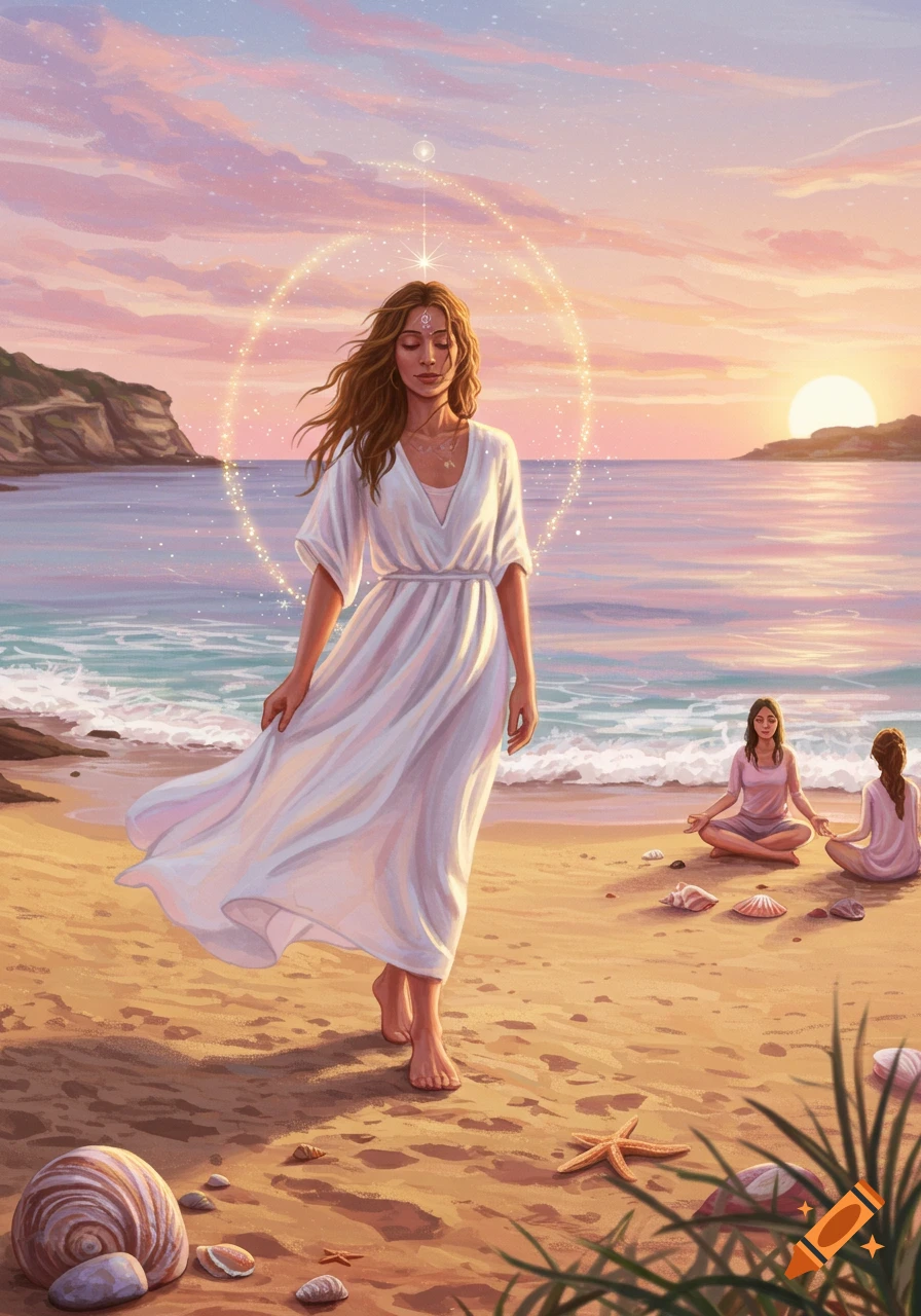 An illustrated image of a woman walking on a beach at sunrise with a golden halo, while two women meditate in the background.