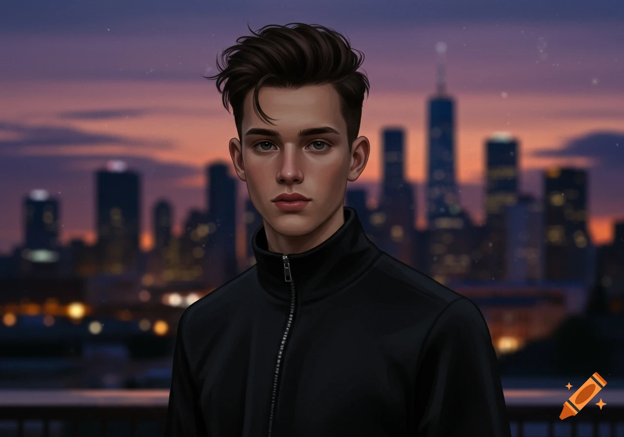 A digitally painted young man with dark hair in a black zip-up sweatshirt, standing against a blurred city skyline at dusk.