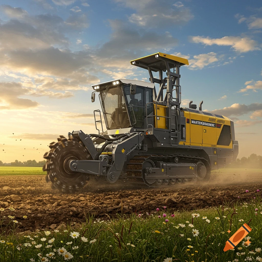A yellow and grey trencher machine with large spiked wheels plows a brown field under a cloudy sunset sky.