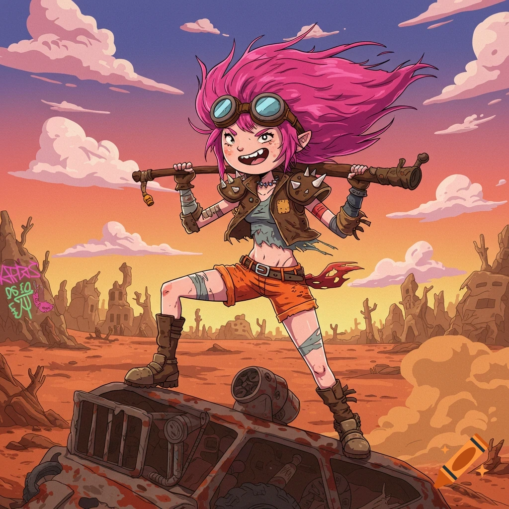 A cartoon raider girl with pink hair, goggles, and a weapon stands on a rusty vehicle in a desert wasteland at sunset, Adventure Time style.