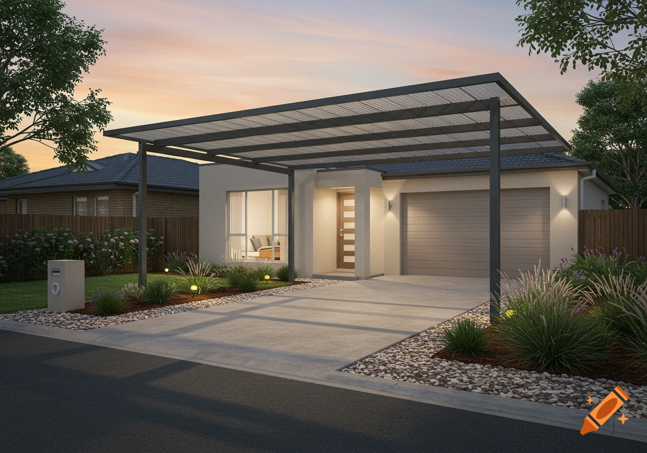 A modern single-story house with a carport, concrete driveway, and landscaped garden at sunset.