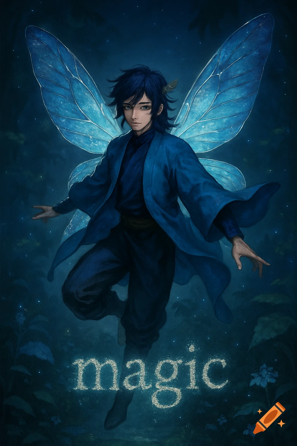 A dark-haired male character with large blue fairy wings floats above the word "magic" in a dark, mystical forest setting.