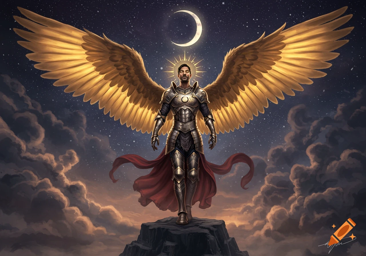 An armored warrior with large golden wings stands on a rocky peak under a crescent moon and starry sky.