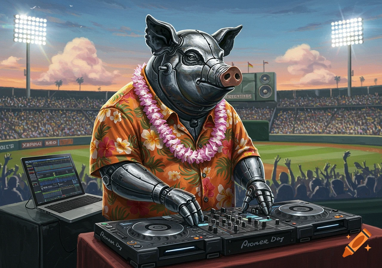 A metallic robot pig wearing a Hawaiian shirt and lei, DJing at a baseball stadium with a crowd in the background.