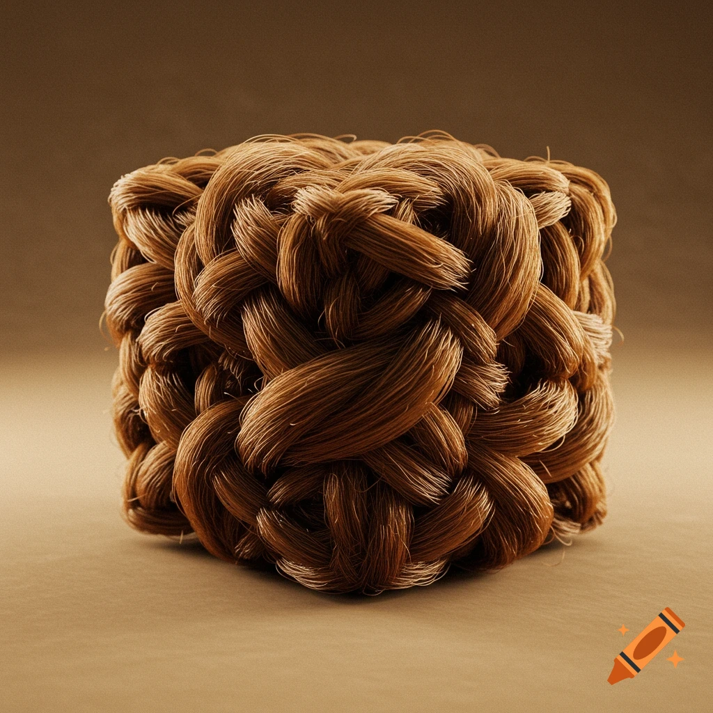 A photorealistic image of a cube intricately woven from strands of brown hair on a brown background.