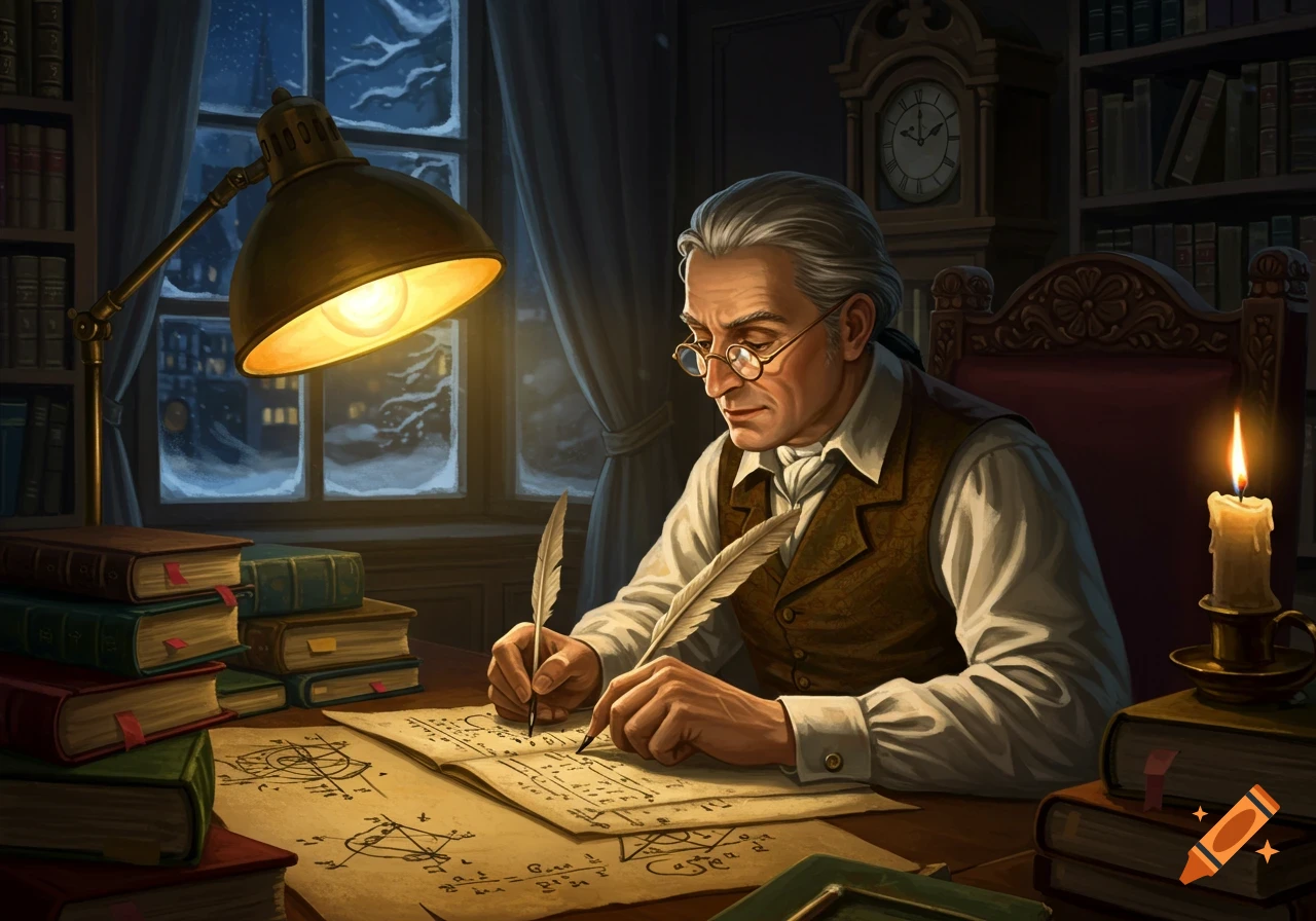 An old man with grey hair and glasses, dressed in historical attire, writes on papers with a quill under a lamp in a study at night. Books and a candle are on the desk.